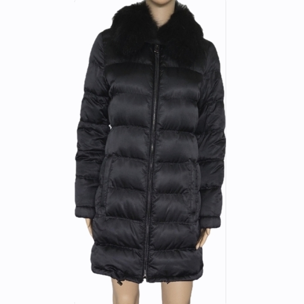 PRADA Women's Black Puffer Coat with Faux Fur Collar